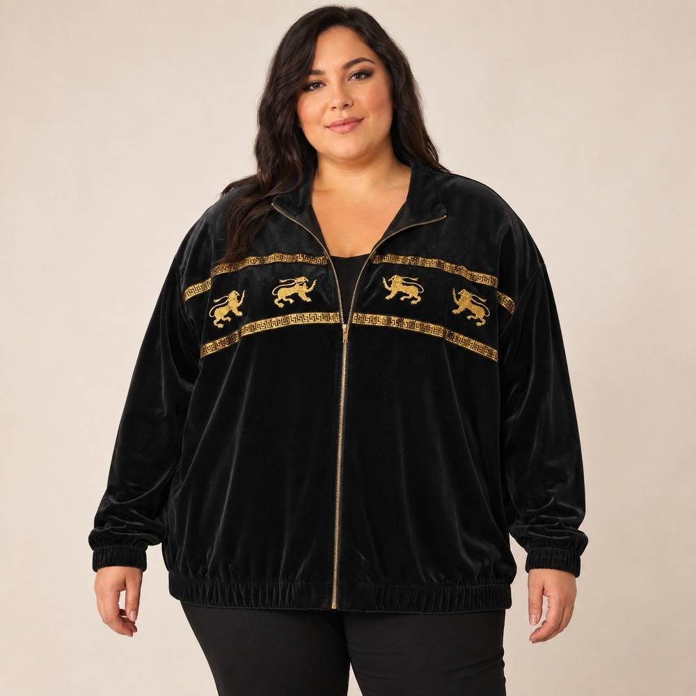 Vintage Silver Threads Women's 3X Black Velour Gold Lion Track Jacket USA